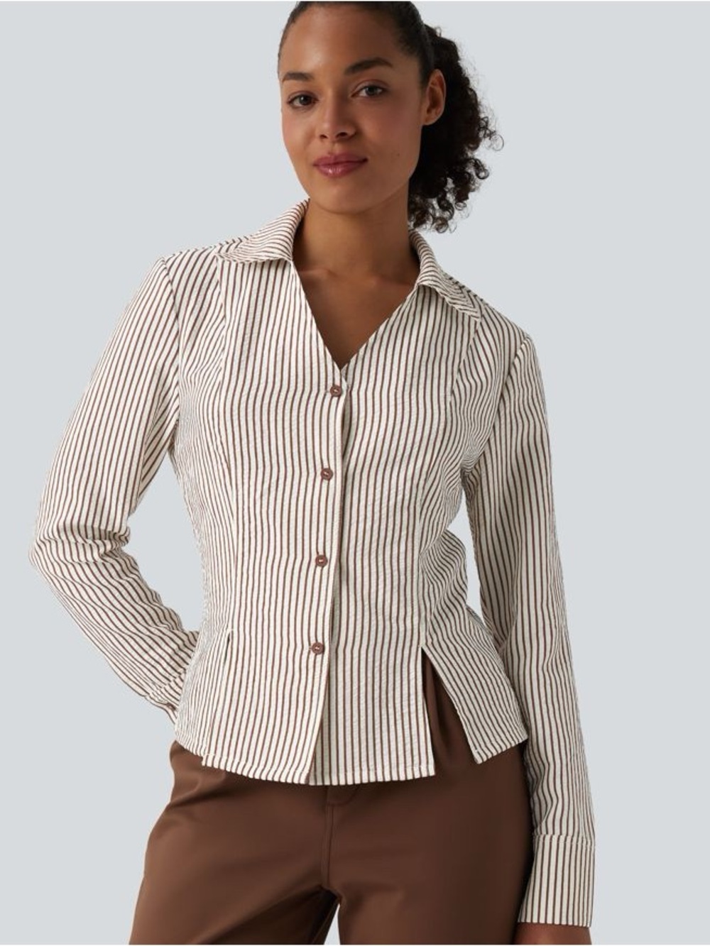 Halara Long Sleeve Stripe Work Shirt Espresso Stripe Small